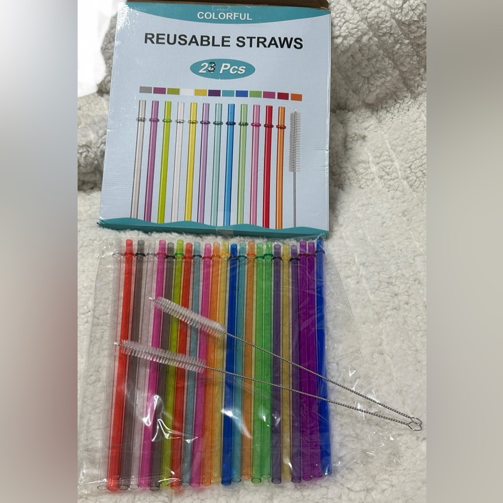 Colorful Reusable Hard Plastic Straws, 23 Straws Multiple Colors with Brushes